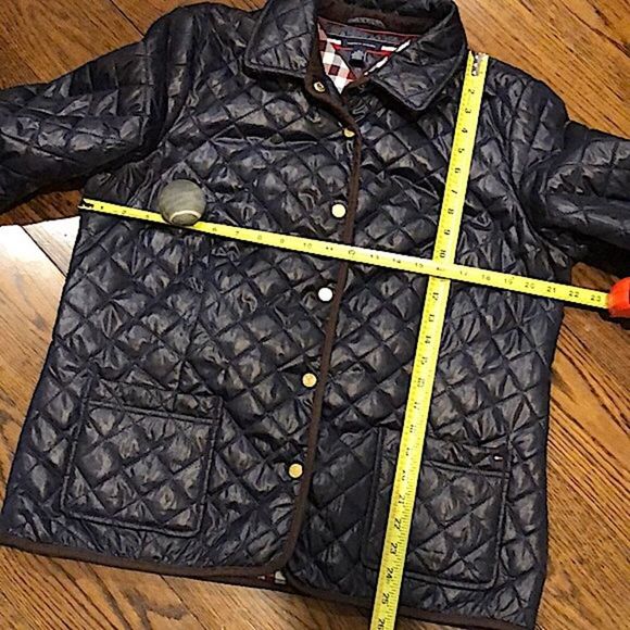TOMMY HILFIGER Navy Quilted Jacket with Brown Corduroy Collar & Cuffs Sz XL - Picture 5 of 12